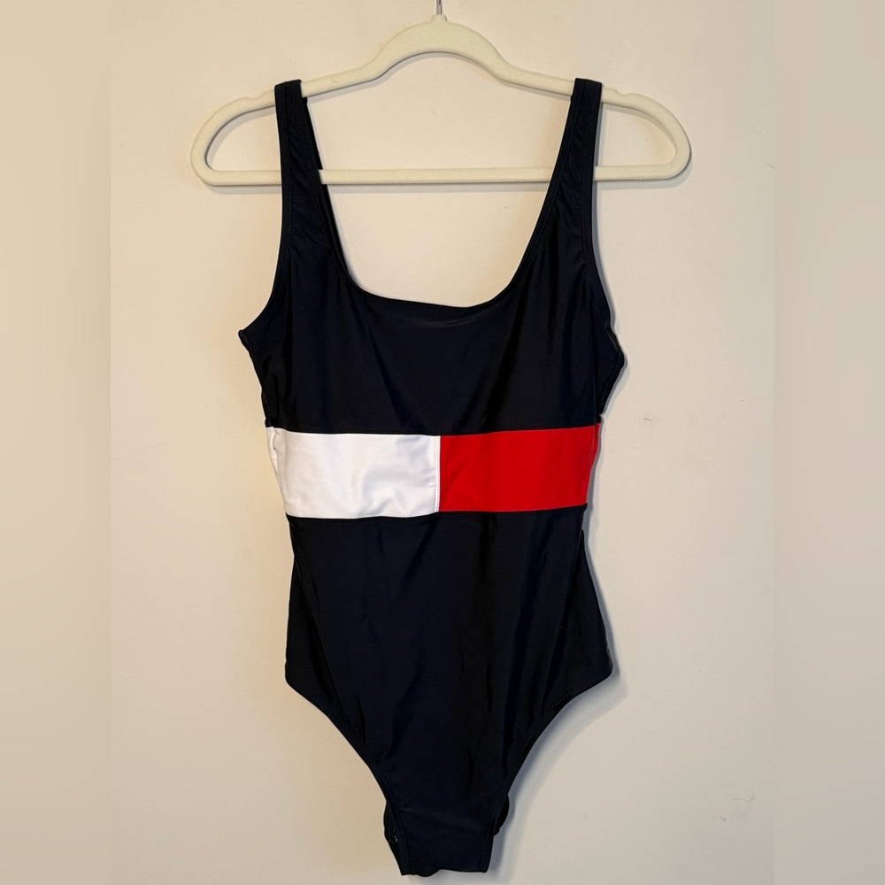 Tommy Hilfiger Colorblock One-Piece Swimsuit Black Red White XL - Picture 2 of 4